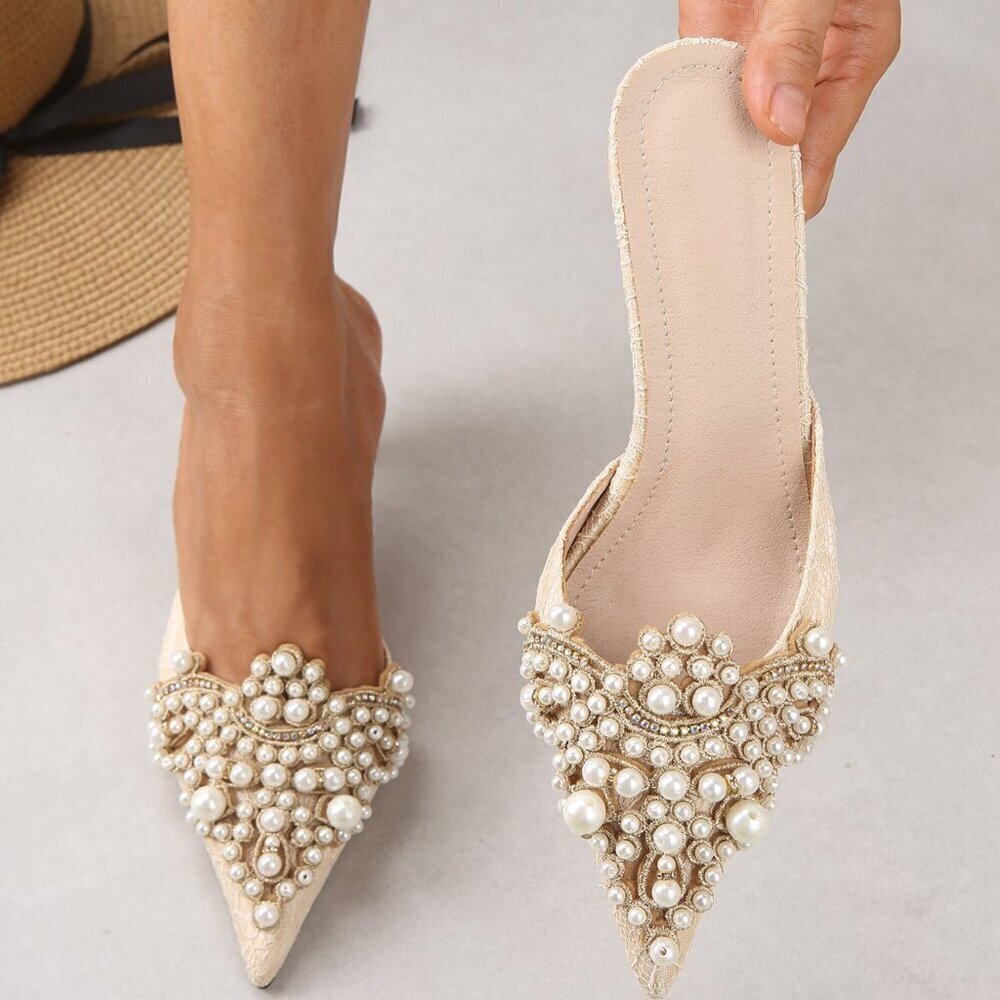 Apricot Elegant Party Women's Faux Pearl Stiletto Mules